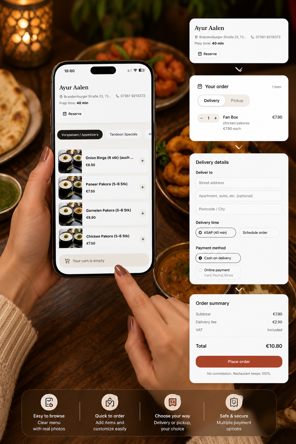 Spiceup-Lite order flow: menu, cart, delivery details and secure checkout